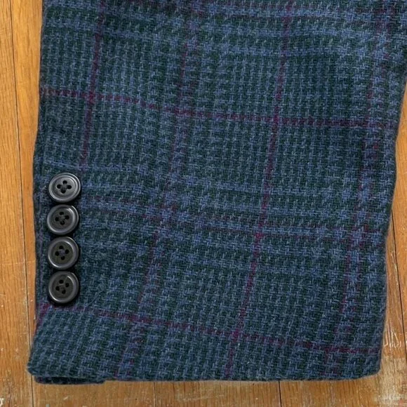 Vintage Mens Blue Plaid Blazer Size 46 1990s Wool Blend Sport Coat Suit Jacket